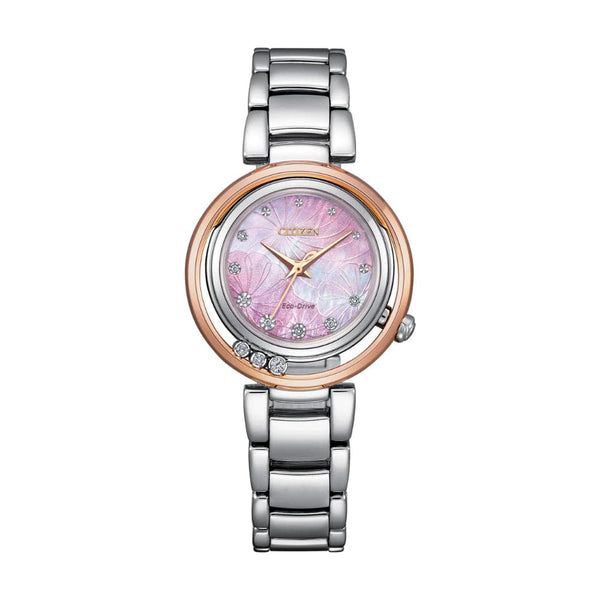 Citizen Eco-Drive Pink Dial Silver Stainless Steel Strap Women Watch EM1114-80Y