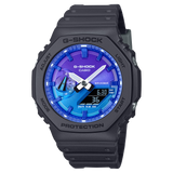 CASIO G-SHOCK GLOWY BLUE DIAL GRAY-ON-BLACK STRAP WATCH GA-2100FL-1ADR