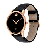 Movado Museum Rose Gold Dial Case Black Leather Strap Watch 607474
