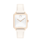 Movado Bold Evolution 42mm White Rose Gold Dial Leather Strap Watch 3601211