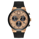Movado Bold Fusion 42mm Rose Gold Dial Chronograph Black Silicone Strap Watch 3600854
