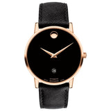 Movado Museum Rose Gold Dial Case Black Leather Strap Watch 607474