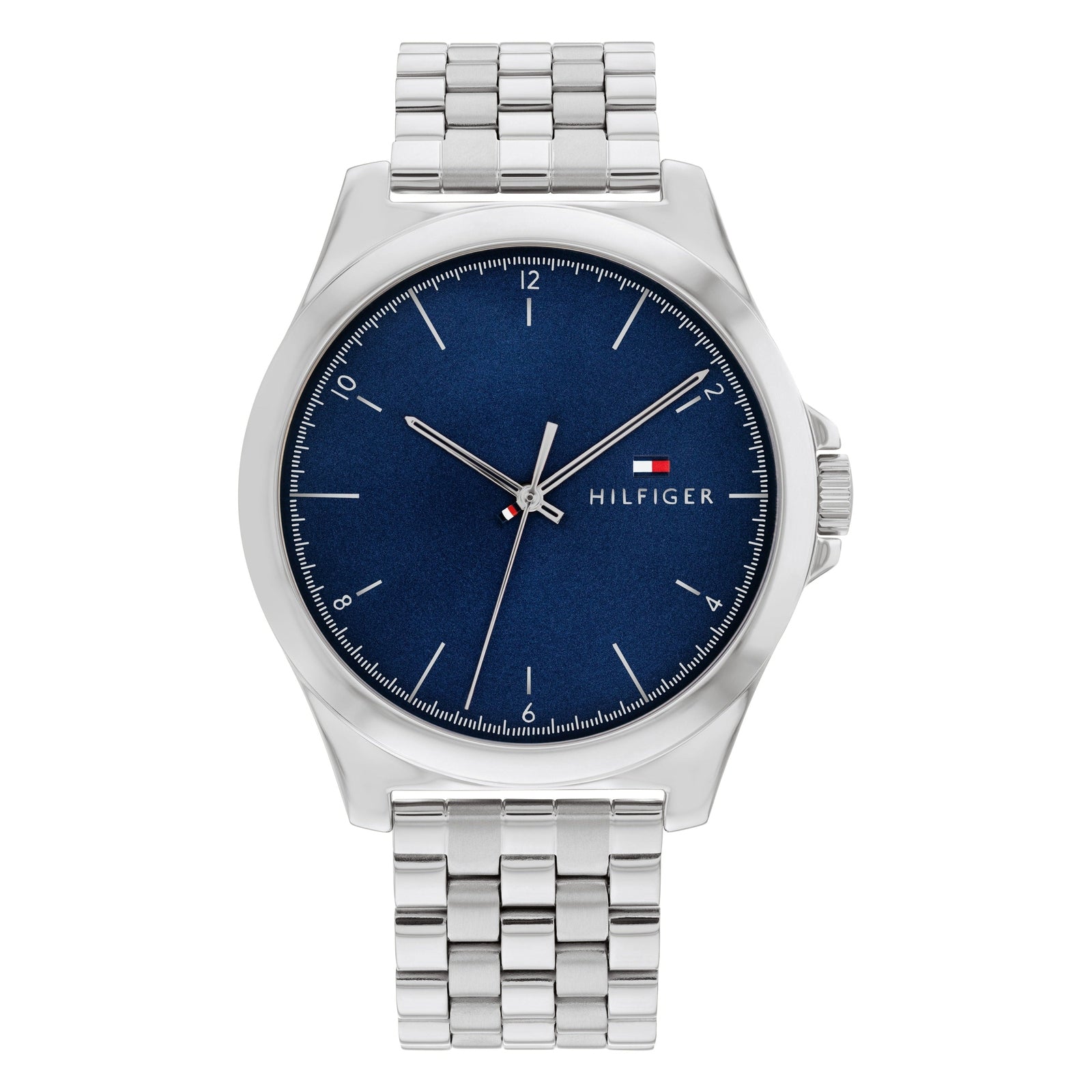 A Tommy Hilfiger Norris men's stainless steel watch with a blue dial and silver bracelet.