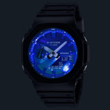 CASIO G-SHOCK GLOWY BLUE DIAL GRAY-ON-BLACK STRAP WATCH GA-2100FL-1ADR