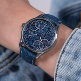 GUESS QUATTRO 'G' LOGO DENIM BLUE SILVER TONE ANALOG WATCH GW0755L1