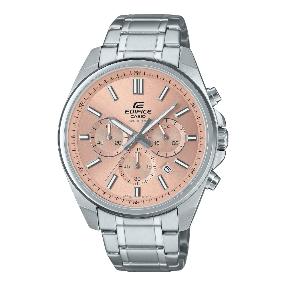 CASIO EDIFICE EFV-650D-P SERIES STANDARD CHRONOGRAPH LIGHT BLUE & PEACH DIAL STEEL WATCH