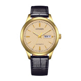 CITIZEN MECHANICAL GOLD DIAL BLACK LEATHER STRAP WATCH NY4059-09A
