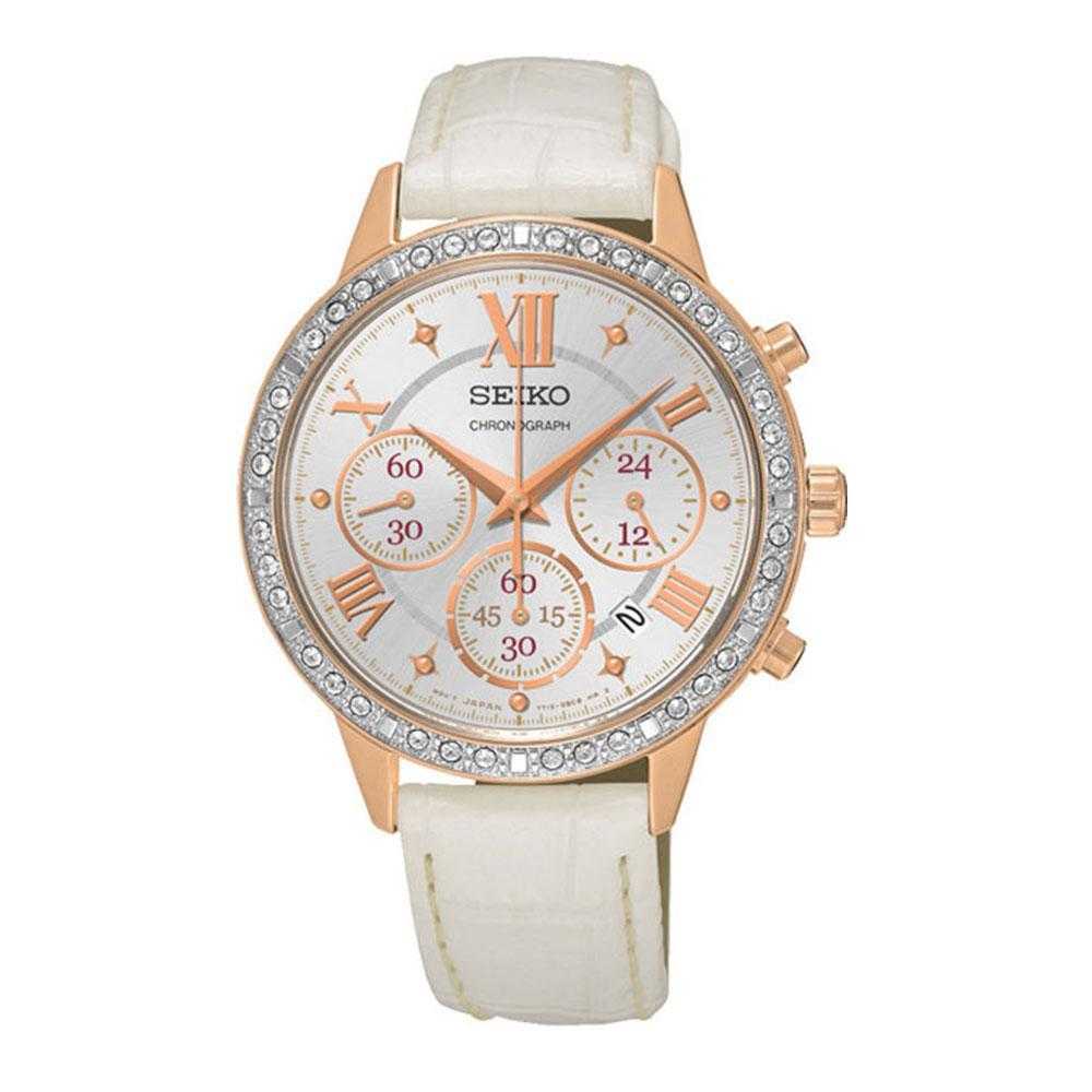 SEIKO LUKIA SRW842P1 CHRONOGRAPH WOMEN'S WHITE LEATHER STRAP WATCH - H2 Hub Watches