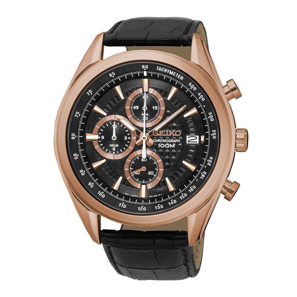 SEIKO GENERAL SSB202P1 CHRONOGRAPH MEN'S BLACK LEATHER STRAP WATCH - H2 Hub Watches