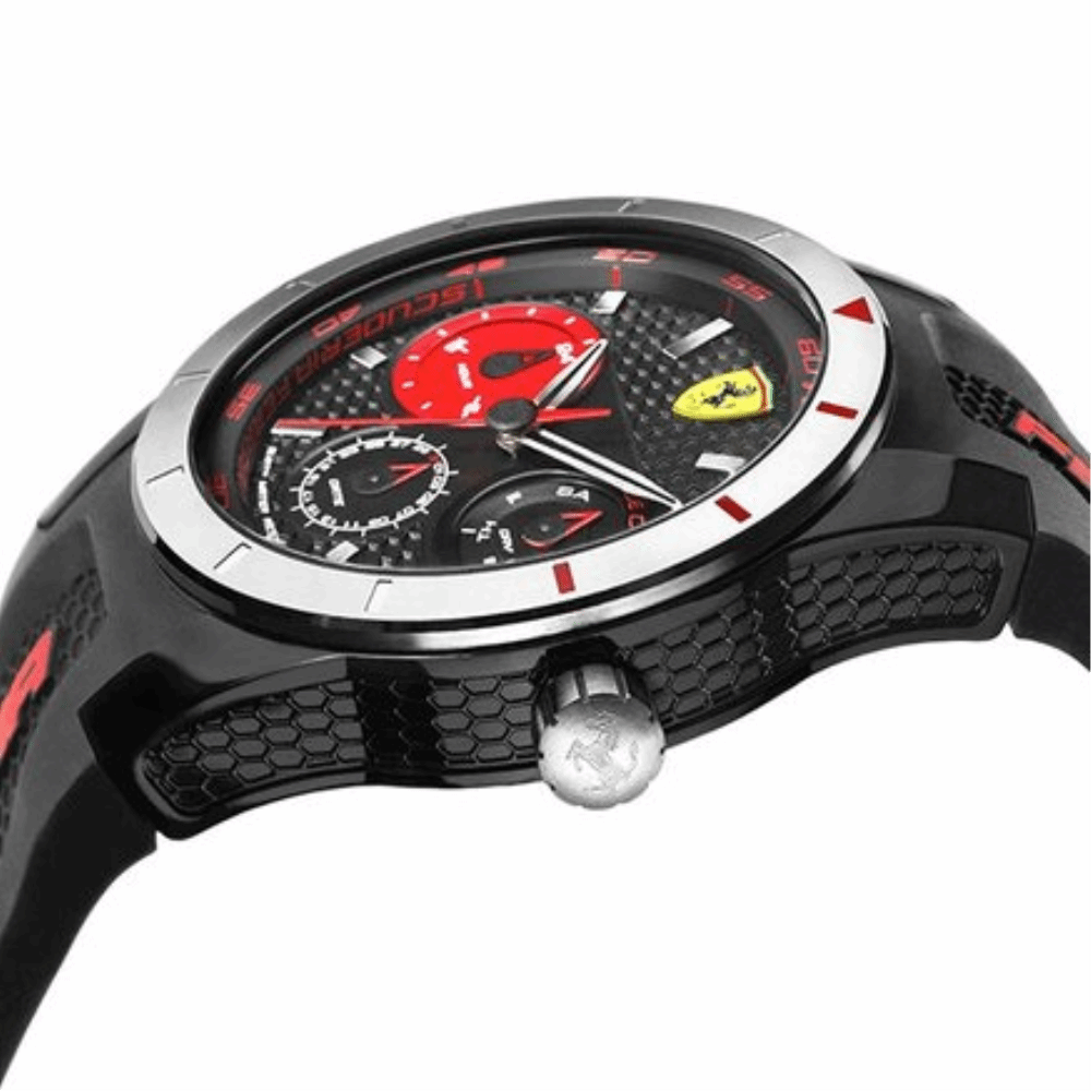 FERRARI REDREV T ANALOG QUARTZ SILVER STAINLESS STEEL 0830254 BLACK PLASTIC STRAP MEN'S WATCH - H2 Hub Watches