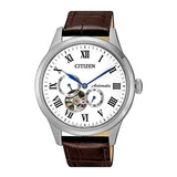 CITIZEN NP1020-15A AUTOMATIC SILVER STAINLESS STEEL BROWN LEATHER STRAP MEN'S WATCH - H2 Hub Watches