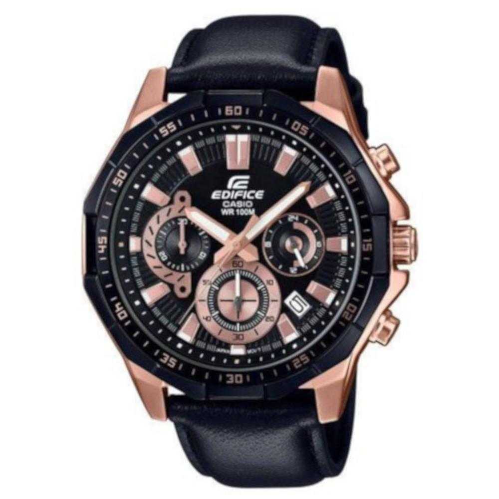CASIO EDIFICE EFR-554BGL-1AVUDF ROSE GOLD STAINLESS STEEL BLACK LEATHER STRAP MEN'S WATCH - H2 Hub Watches