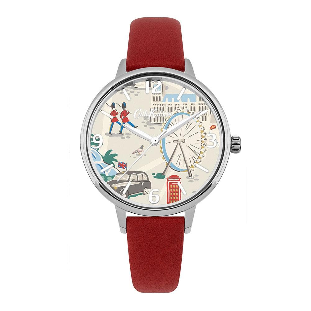 CATH KIDSTON QUARTZ LONDON MAP SILVER ALLOY CKL053R RED LEATHER STRAP LADIES WATCH - H2 Hub Watches
