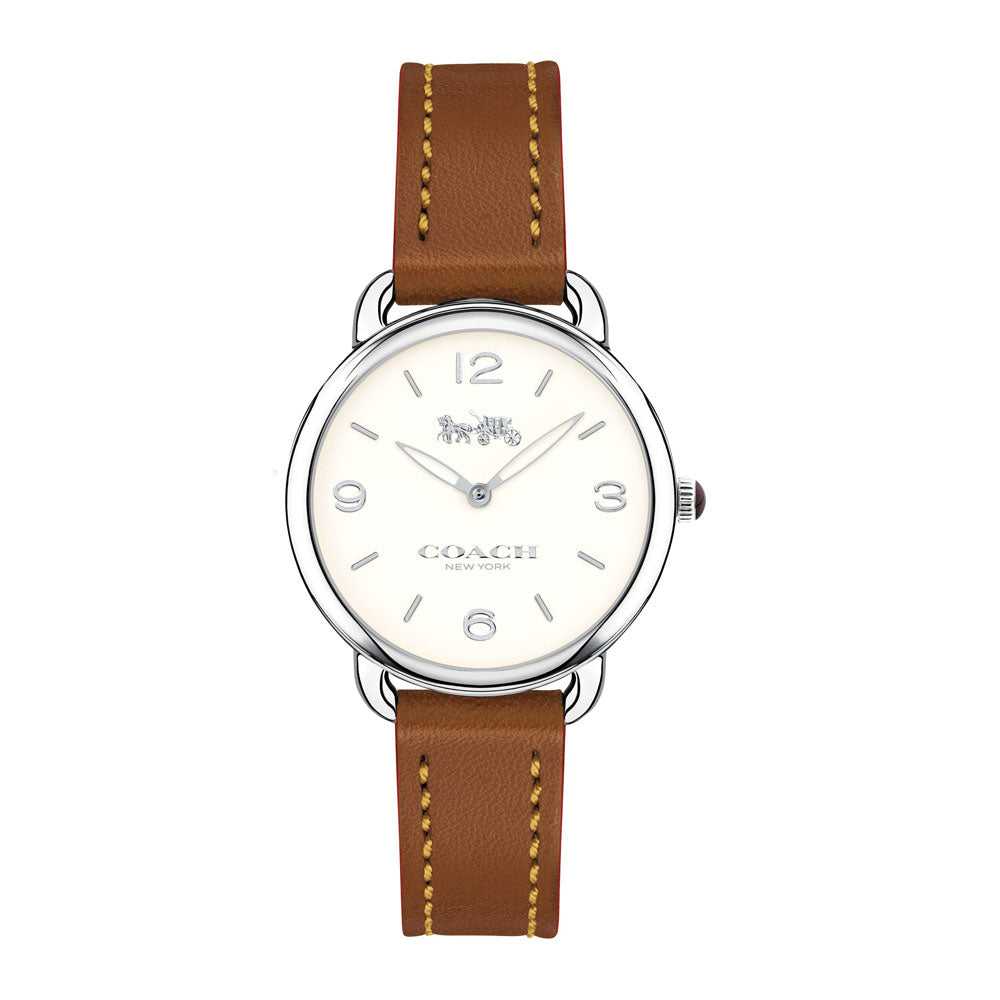 COACH DELANCEY ANALOG QUARTZ SILVER STAINLESS STEEL 14502789 BROWN LEATHER STRAP WOMEN'S WATCH - H2 Hub Watches