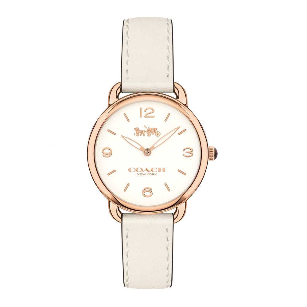 COACH DELANCEY ANALOG QUARTZ ROSE GOLD STAINLESS STEEL 14502790 WHITE LEATHER STRAP WOMEN'S WATCH - H2 Hub Watches