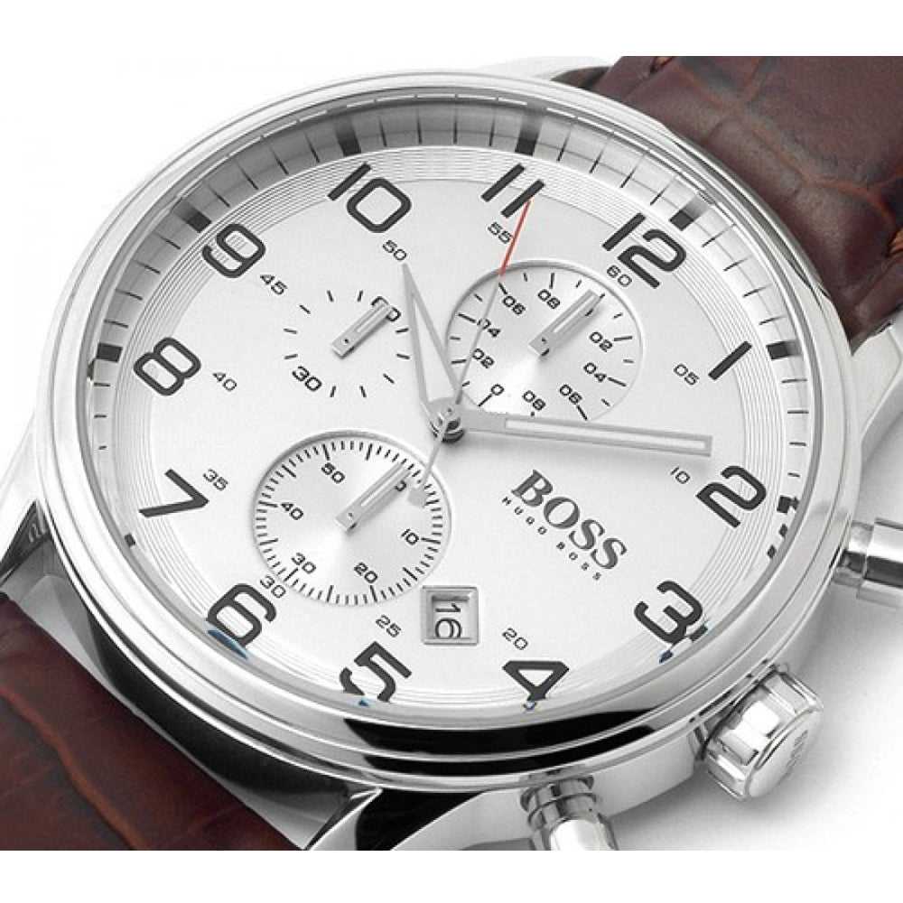 HUGO BOSS CHRONOGRAPH SILVER STAINLESS STEEL 1512447 BROWN LEATHER STRAP MEN'S WATCH - H2 Hub Watches