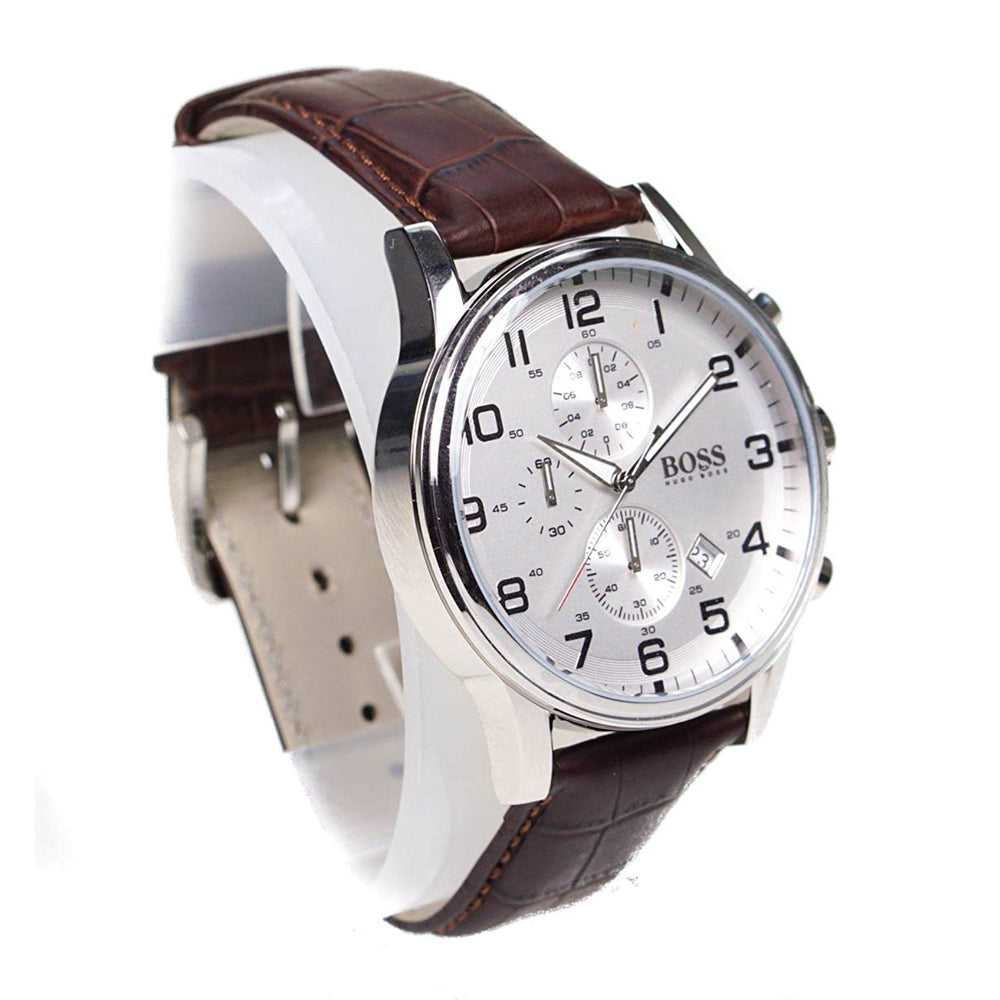 HUGO BOSS CHRONOGRAPH SILVER STAINLESS STEEL 1512447 BROWN LEATHER STRAP MEN'S WATCH - H2 Hub Watches