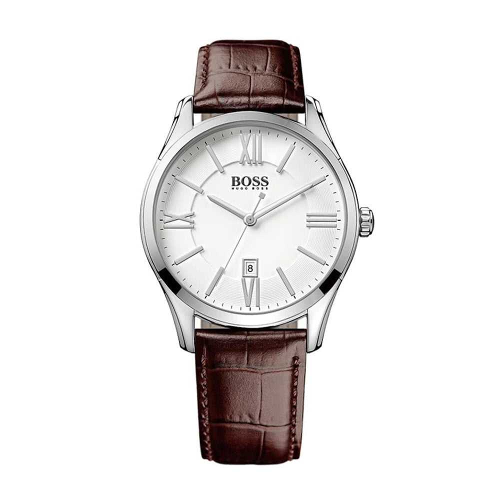 HUGO BOSS ARCHITECTURE ANALOG QUARTZ SILVER STAINLESS STEEL 1513021 BROWN LEATHER STRAP MEN'S WATCH - H2 Hub Watches