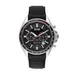 HUGO BOSS CHRONOGRAPH DRIVER SILVER STAINLESS STEEL 1513087 BLACK LEATHER STRAP MEN'S WATCH - H2 Hub Watches
