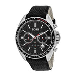 HUGO BOSS CHRONOGRAPH DRIVER SILVER STAINLESS STEEL 1513087 BLACK LEATHER STRAP MEN'S WATCH - H2 Hub Watches