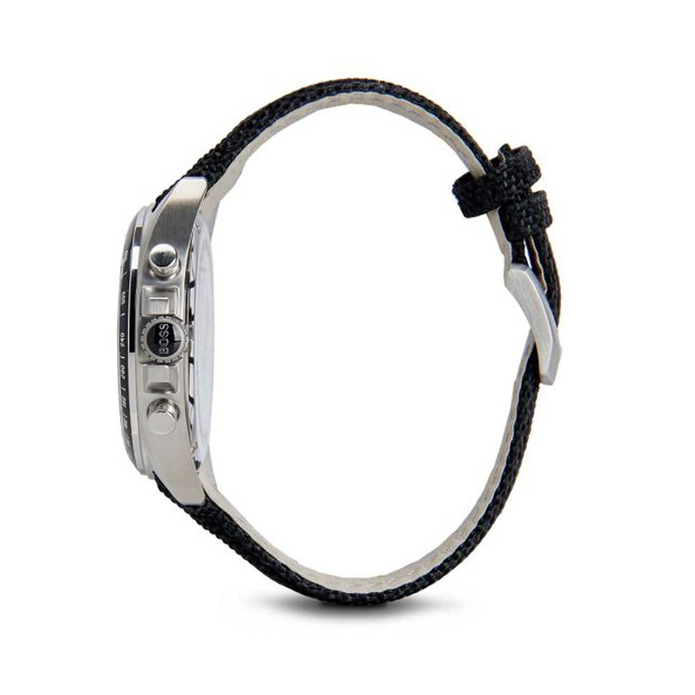 HUGO BOSS CHRONOGRAPH DRIVER SILVER STAINLESS STEEL 1513087 BLACK LEATHER STRAP MEN'S WATCH - H2 Hub Watches