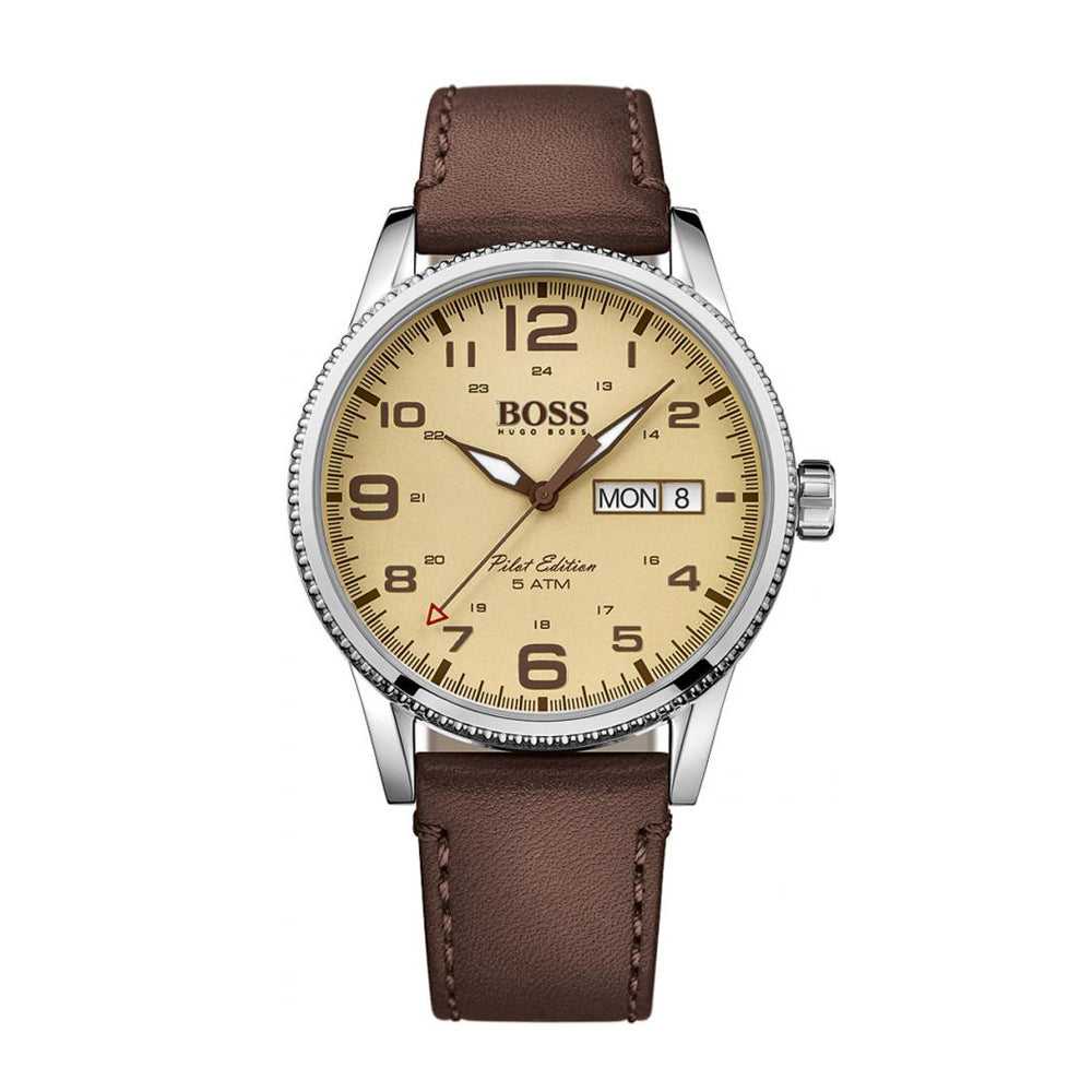 HUGO BOSS PILOT EDITION SILVER STAINLESS STEEL 1513332 BROWN LEATHER STRAP MEN'S WATCH - H2 Hub Watches