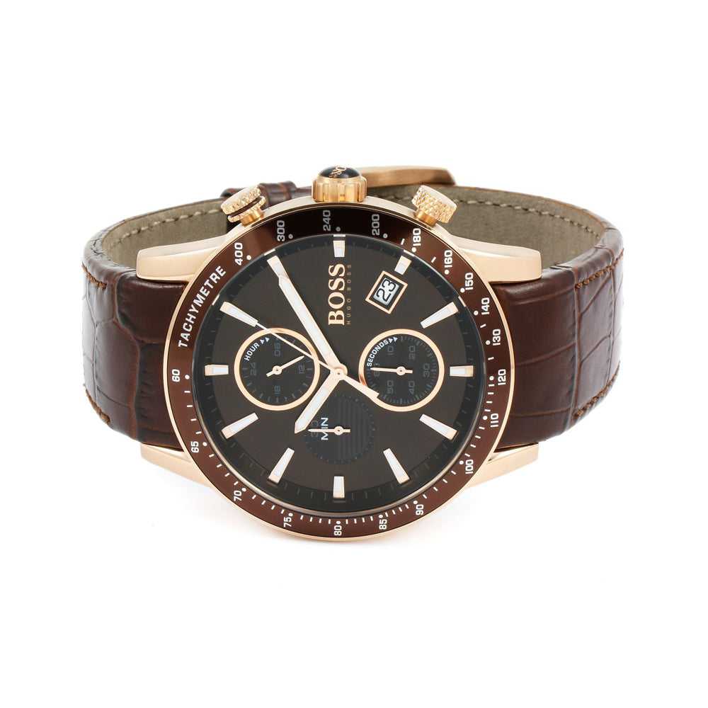 HUGO BOSS RAFALE CHRONOGRAPH ROSE GOLD STAINLESS STEEL 1513392 BROWN LEATHER STRAP MEN'S WATCH - H2 Hub Watches