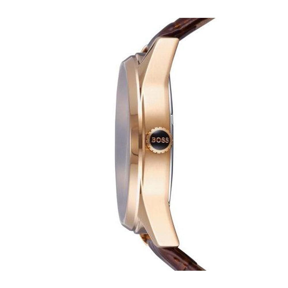 HUGO BOSS CHRONOGRAPH HERITAGE ROSE GOLD STAINLESS STEEL 1513468 BROWN LEATHER STRAP MEN'S WATCH - H2 Hub Watches