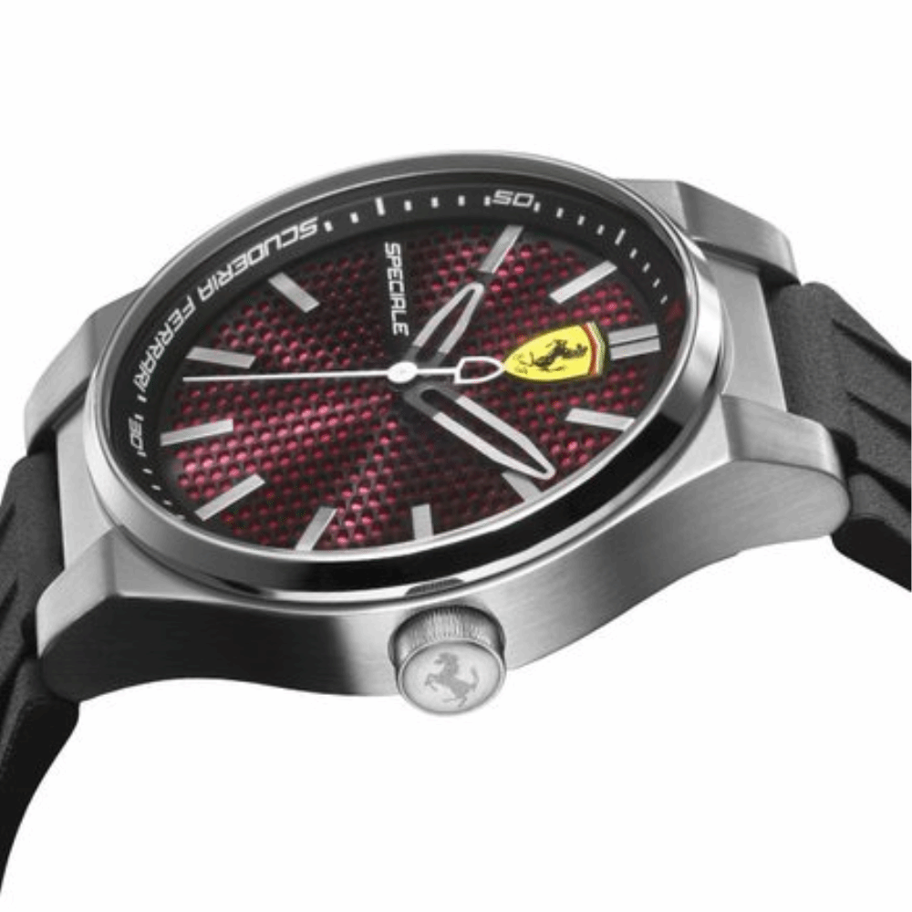 FERRARI SCUDERIA SPECIALE ANALOG QUARTZ SILVER STAINLESS STEEL 0830353 BLACK SILICONE STRAP MEN'S WATCH - H2 Hub Watches