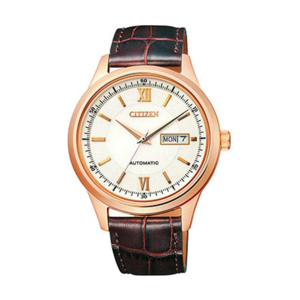 CITIZEN NY4053-05AB AUTOMATIC ROSE GOLD STAINLESS STEEL BROWN LEATHER STRAP MEN'S WATCH - H2 Hub Watches