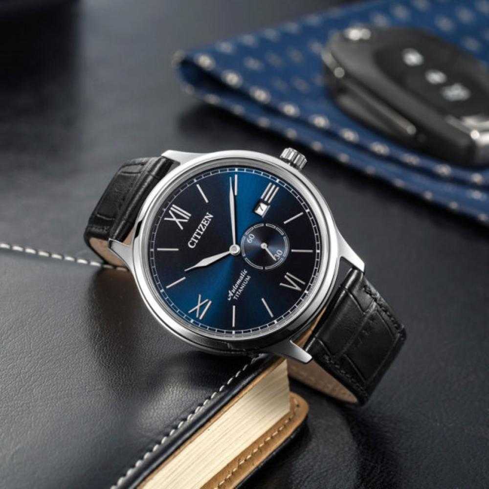 CITIZEN NJ0090-21L AUTOMATIC TITANIUM BLACK LEATHER STRAP MEN'S WATCH - H2 Hub Watches