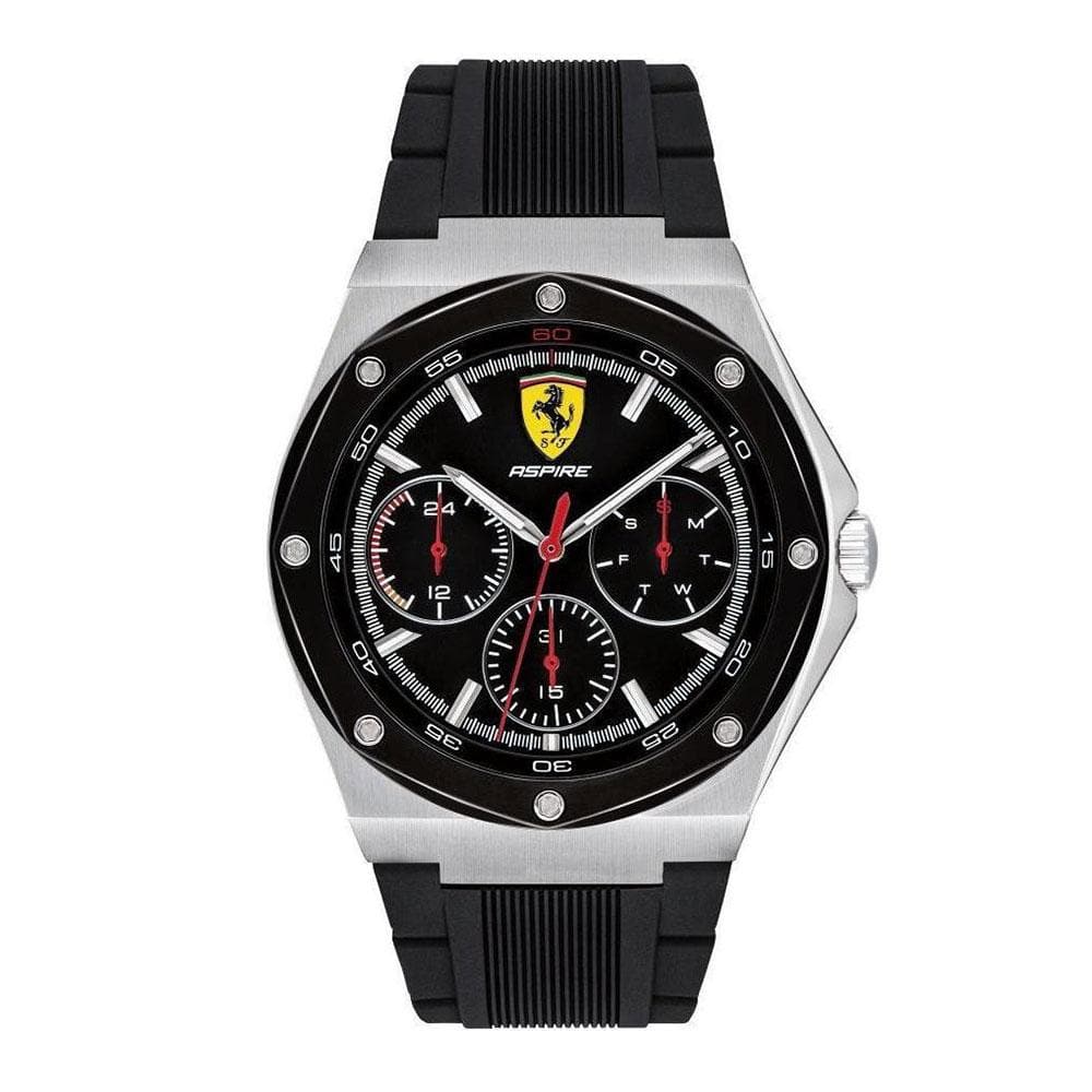 FERRARI ASPIRE ANALOG QUARTZ SILVER STAINLESS STEEL 0830537 BLACK SILICONE STRAP MEN'S WATCH - H2 Hub Watches