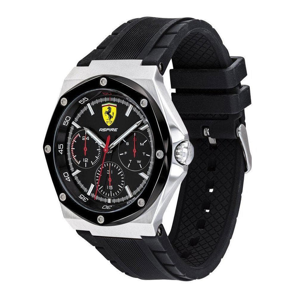 FERRARI ASPIRE ANALOG QUARTZ SILVER STAINLESS STEEL 0830537 BLACK SILICONE STRAP MEN'S WATCH - H2 Hub Watches