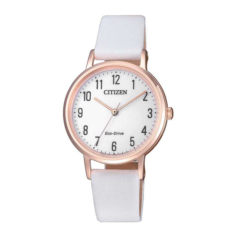 CITIZEN EM0579-14A ECO-DRIVE ROSE GOLD STAINLESS STEEL WHITE LEATHER STRAP WOMEN'S WATCH - H2 Hub Watches