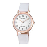 CITIZEN EM0579-14A ECO-DRIVE ROSE GOLD STAINLESS STEEL WHITE LEATHER STRAP WOMEN'S WATCH - H2 Hub Watches