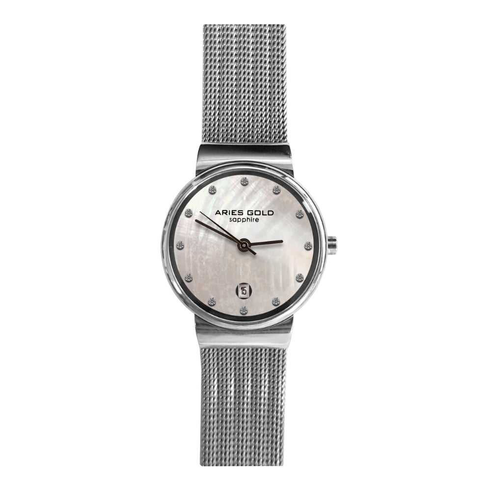 ARIES GOLD ENCHANT CAMILLE SILVER STAINLESS STEEL L 5002 S-MOP MESH STRAP WOMEN'S WATCH - H2 Hub Watches