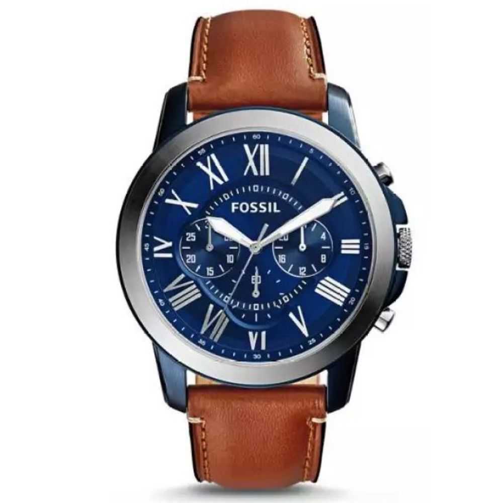 FOSSIL GRANT CHRONOGRAPH SILVER STAINLESS STEEL FS5151 BROWN LEATHER STRAP MEN'S WATCH - H2 Hub Watches