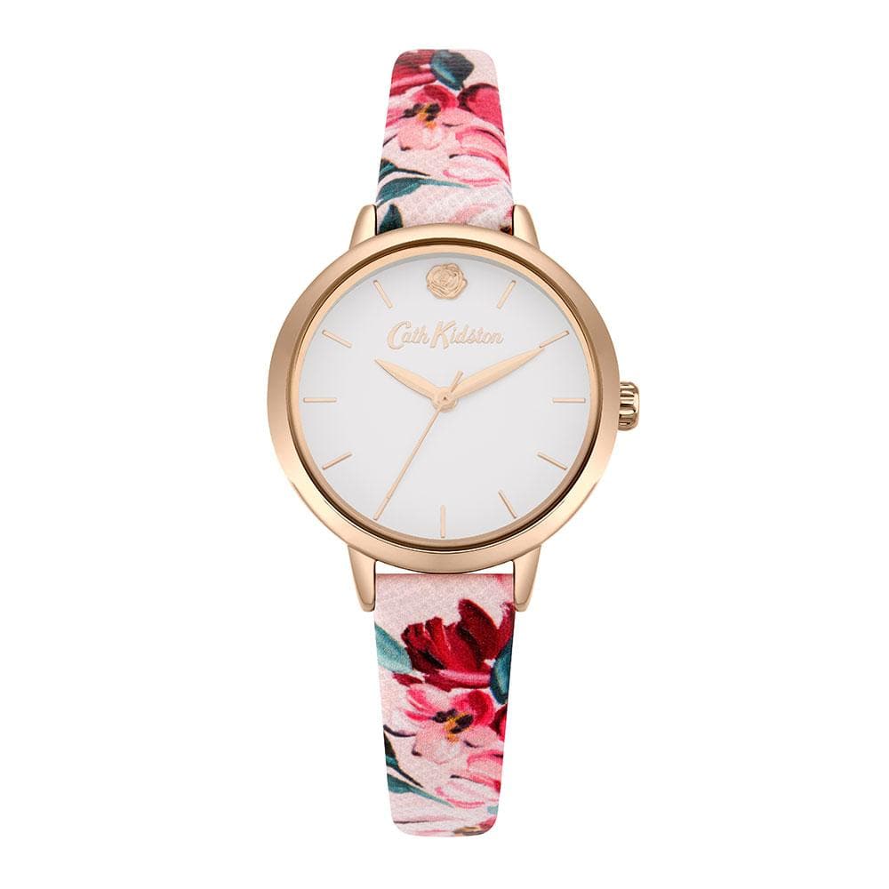 CATH KIDSTON QUARTZ PAINTBOX FLOWERS ROSE GOLD ALLOY CKL064PRG PINK LEATHER STRAP LADIES WATCH - H2 Hub Watches