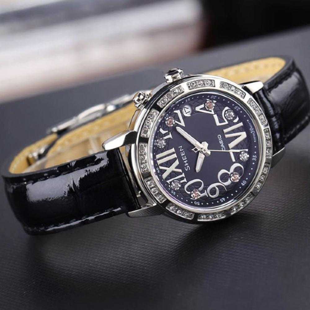 CASIO SHEEN SHE-4031L-1AUDR BLACK LEATHER STRAP WOMEN'S WATCH - H2 Hub Watches