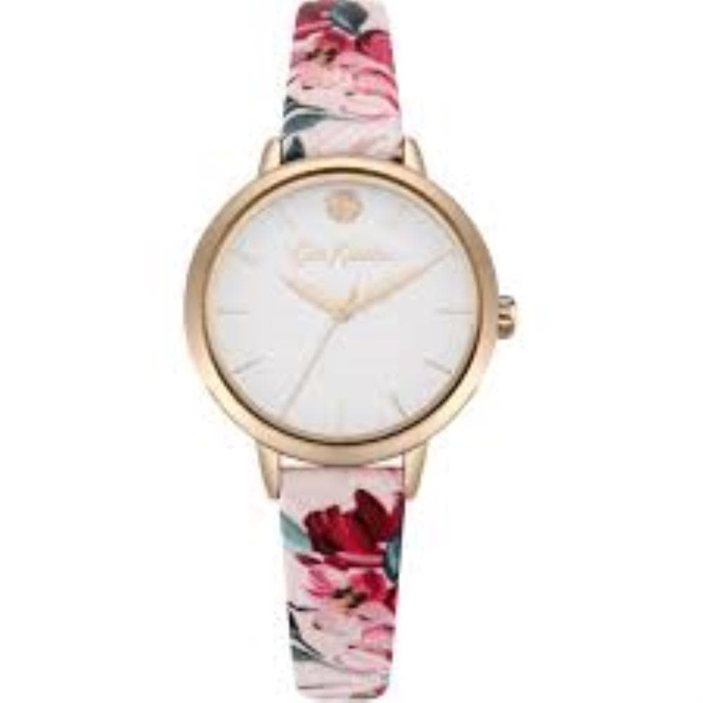 CATH KIDSTON QUARTZ PAINTBOX FLOWERS ROSE GOLD ALLOY CKL064PRG PINK LEATHER STRAP LADIES WATCH - H2 Hub Watches
