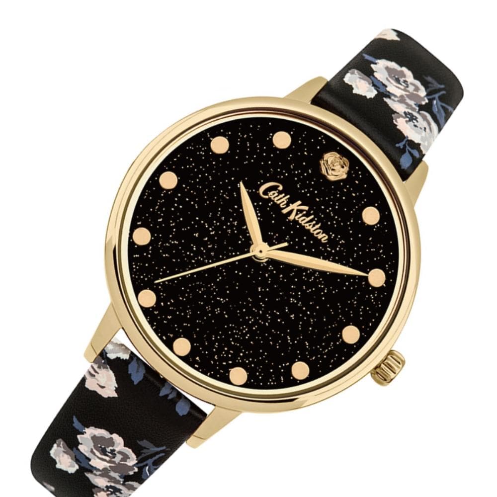 CATH KIDSTON QUARTZ GLITTERY ISLAND GOLD ALLOY CKL056BG BLACK PU STRAP LADIES WATCH - H2 Hub Watches
