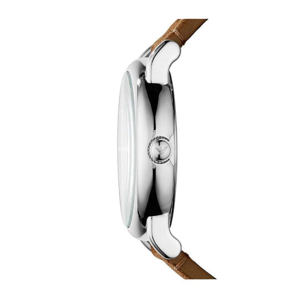 EMPORIO ARMANI ANALOG QUARTZ SILVER STAINLESS STEEL AR11070 BROWN LEATHER STRAP MEN'S WATCH - H2 Hub Watches