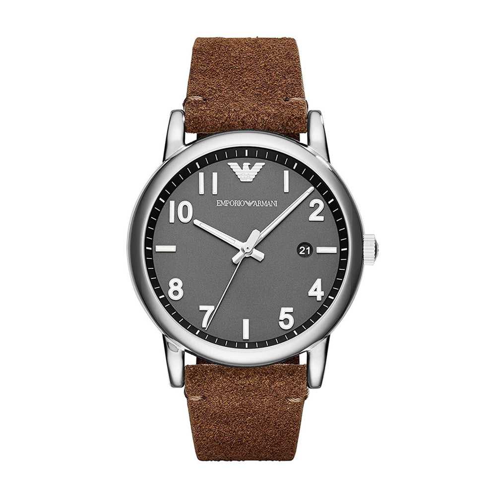EMPORIO ARMANI ANALOG QUARTZ SILVER STAINLESS STEEL AR11070 BROWN LEATHER STRAP MEN'S WATCH - H2 Hub Watches