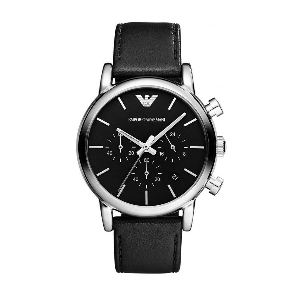 EMPORIO ARMANI AR1828 CHRONOGRAPH BLACK LEATHER STRAP MEN'S WATCH - H2 Hub Watches