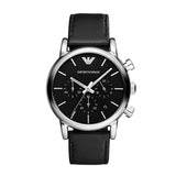 EMPORIO ARMANI AR1828 CHRONOGRAPH BLACK LEATHER STRAP MEN'S WATCH - H2 Hub Watches