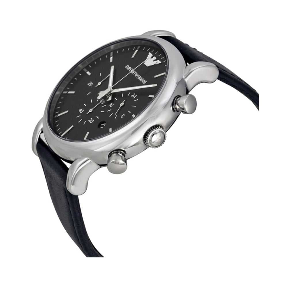 EMPORIO ARMANI AR1828 CHRONOGRAPH BLACK LEATHER STRAP MEN'S WATCH - H2 Hub Watches
