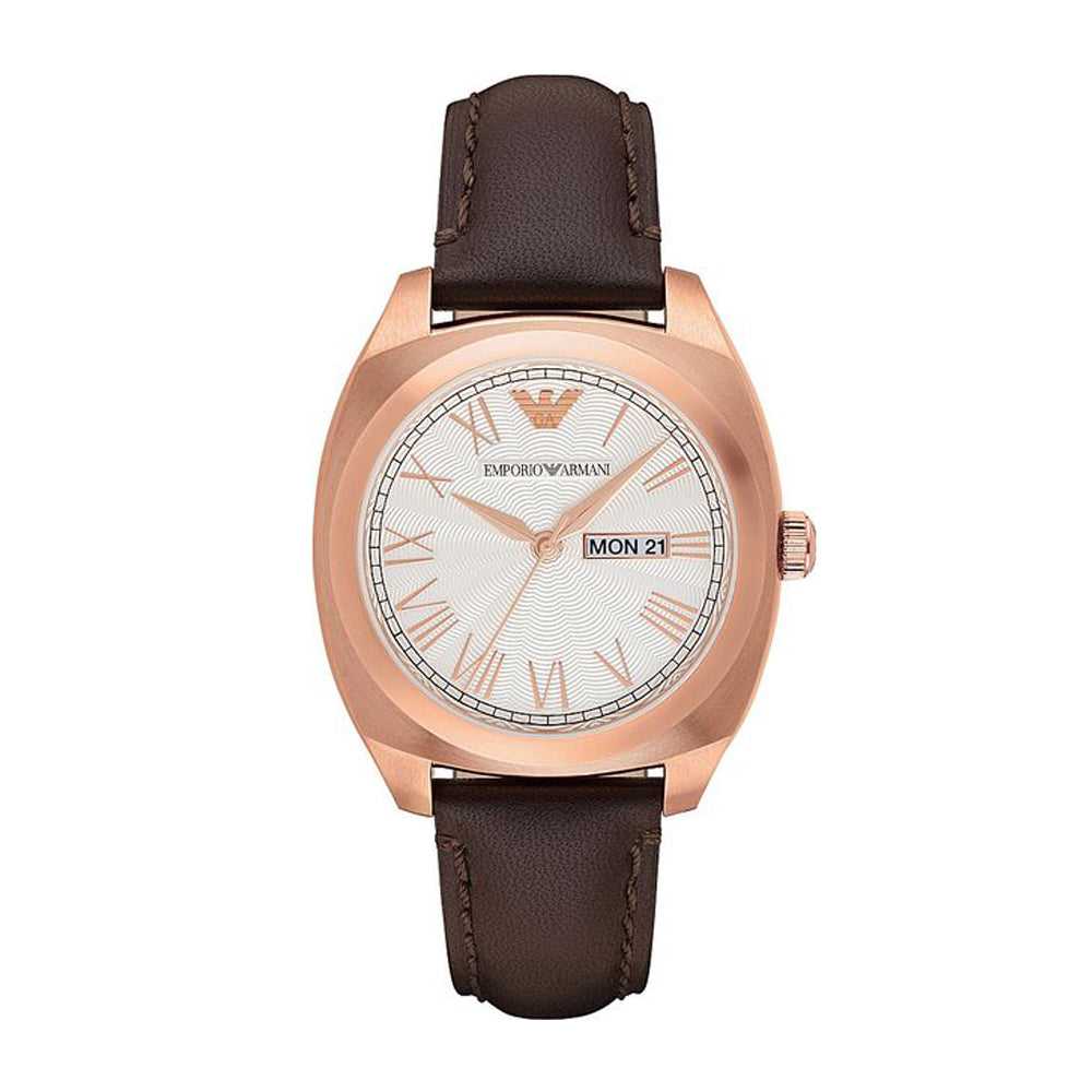 EMPORIO ARMANI ANALOG QUARTZ ROSE GOLD STAINLESS STEEL AR1939 BROWN LEATHER STRAP MEN'S WATCH - H2 Hub Watches