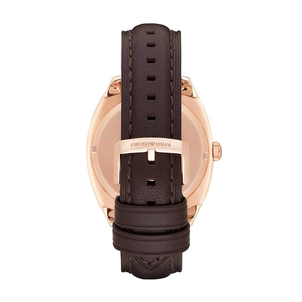 EMPORIO ARMANI ANALOG QUARTZ ROSE GOLD STAINLESS STEEL AR1939 BROWN LEATHER STRAP MEN'S WATCH - H2 Hub Watches