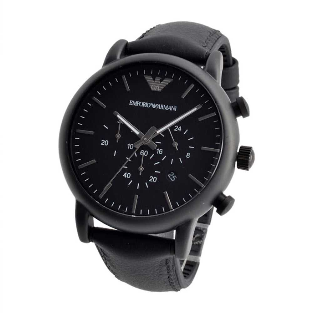 EMPORIO ARMANI CHRONOGRAPH BLACK STAINLESS STEEL AR1970 LEATHER STRAP MEN'S WATCH - H2 Hub Watches