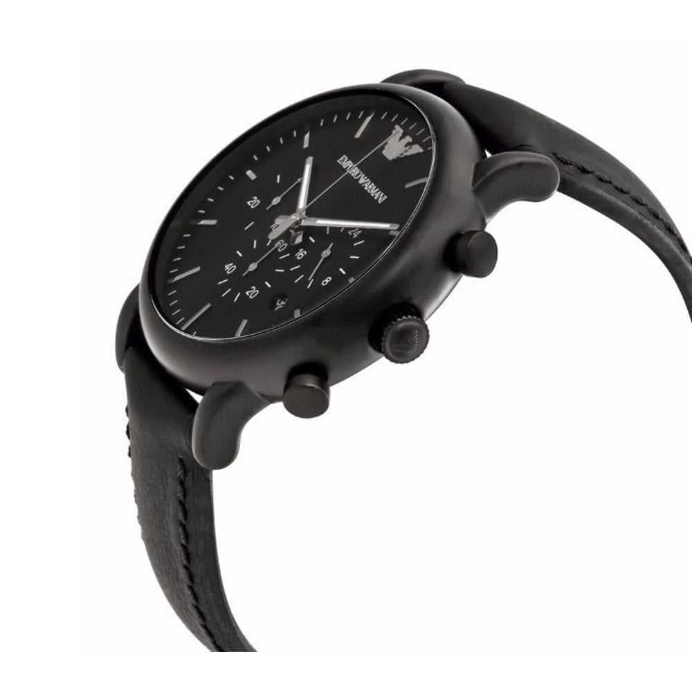 EMPORIO ARMANI CHRONOGRAPH BLACK STAINLESS STEEL AR1970 LEATHER STRAP MEN'S WATCH - H2 Hub Watches
